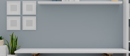 3D render, white desk with copy space in living room with book shelf and mock up frame on the wall in the back, 3D illustrationの写真素材