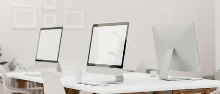 3D rendering, interior office design with office desk with three computer devices and office...