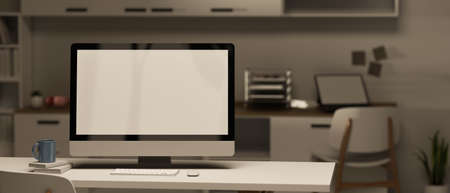 3D rendering, white office desk with computer monitor and equipments with office supplies in the...