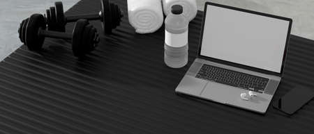 3D rendering, fitness room concept with laptop, dumbbells, water bottle and sport equipments on black yoga mat, 3D illustrationの写真素材