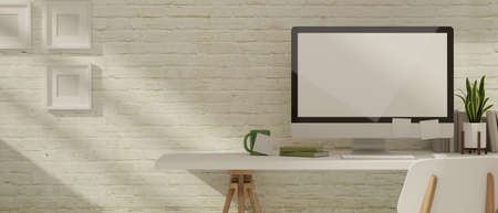 3D rendering, office desk with computer, plant pot and supplies on the table in home office with frame and decorations on brick wall background, 3D illustrationの写真素材