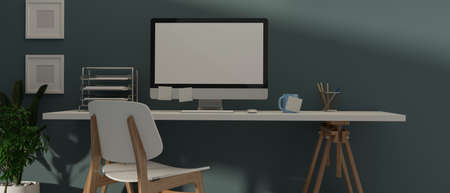 3D rendering, stylish home office interior design with computer desk, stationery, supplies and decorations, 3D illustrationの写真素材