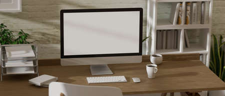 3D rendering, office room interior design with computer and office supplies on wooden desk, cabinet and plat pot decorated in the room, 3D illustrationの写真素材