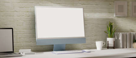 3D rendering, comfortable workspace with computer, laptop, books and decorations in home office, 3D illustrationの写真素材