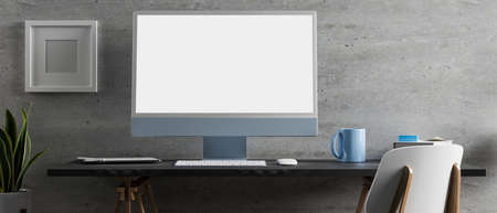 3D rendering, computer desk with monitor, accessories, supplies and decoration in home office room, 3D illustrationの写真素材