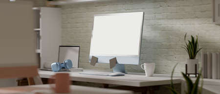 3D rendering, office desk with computer, laptop, supplies and decorations in home workplace, 3D illustrationの写真素材