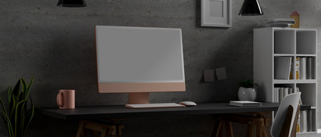 3D rendering, home office room with computer desk, book shelf or cabinet and decoration, 3D illustrationの写真素材