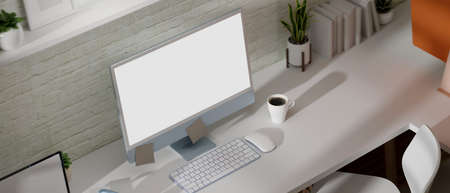 3D rendering, top view of trendy workspace with computer, coffee mug, office supplies and decorations, 3D illustrationの写真素材