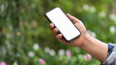 Close up view of male holding smartphone include clipping path screen in blurred garden backgroundの写真素材