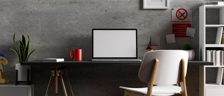 3D rendering, loft office room with worktable, laptop, cabinet, chair and decorations, 3D illustrationの写真素材