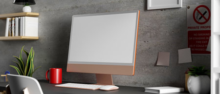 3D rendering, close up view of office desk with computer, supplies and decorations in home workplace, 3D illustrationの写真素材