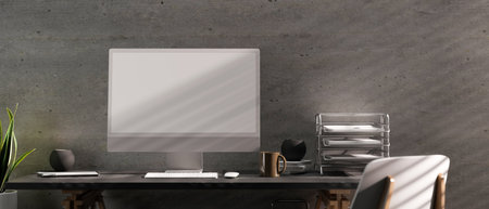 3D rendering, computer desk with office supplies, chair and decorations in modern loft office room, 3D illustrationの写真素材