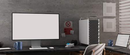 3D rendering, modern loft office room with computer devices, laptop, supplies, chair and decorations, 3D illustrationの写真素材