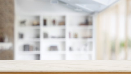 Marble counter with copy space for your product in blurred living room background, empty deskの写真素材