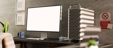 3D rendering, loft modern workplace with computer monitor, supplies and decorations in the room, 3D...