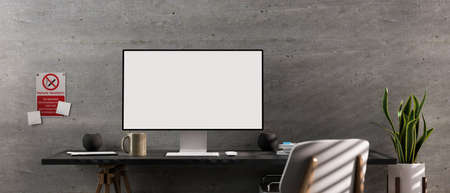 3D rendering, computer desk with monitor, supplies, chair and decorations in loft office room, 3D illustrationの写真素材