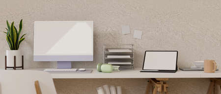 Comfortable home office with computer, laptop, supplies and plant pot on white desk, 3D rendering, 3D illustrationの写真素材