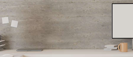 Copy space on white table with computer monitor and office supplies with loft wall background, 3D rendering, 3D illustrationの写真素材
