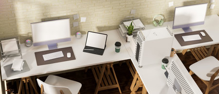 3D rendering, office room interior design with office desk, computer devices and office supplies, 3D illustration, top viewの写真素材