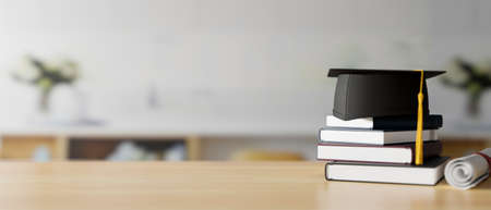 Graduation concept, 3D rendering, graduation cap on stack of books on wooden table with copy space and blurred background, 3D illustrationの写真素材