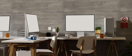 3D rendering, loft office interior design with two computer devices, supplies, chairs and decorations with no smoking sign on the wall, 3D illustrationの写真素材