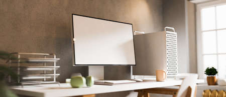 3D rendering, home office desk with computer device, office filling trays and supplies on the table, 3D illustrationの写真素材