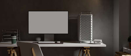 Loft office room interior design with computer desk, supplies, chair and decorations, 3D rendering, 3D illustrationの写真素材