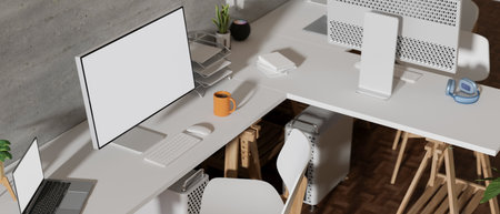 Top view of comfortable office desk with computer, laptop and office supplies on white table, 3D rendering, 3D illustrationの写真素材