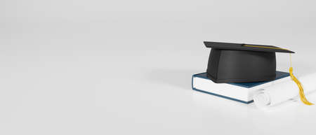 Graduation concept, 3D rendering, graduation cap on book on the white background with copy space, 3D illustrationの写真素材