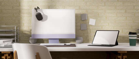 3D rendering, office desk with computer, laptop and supplies on the table with chair in home office room, 3D illustrationの写真素材
