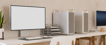 3D rendering, modern office room interior design, two office desk with computer devices, supplies and decorations, 3D illustrationの写真素材