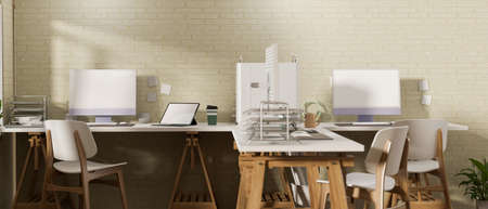 3D rendering, office room interior design with office desk, computer devices and office supplies, 3D illustrationの写真素材