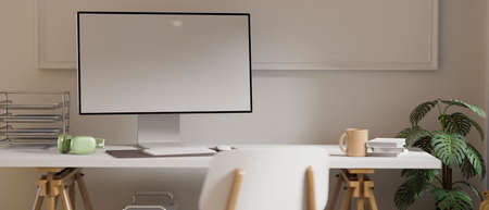 3D rendering, home office room with computer desk, office supplies, chair and decorations, 3D illustrationの写真素材