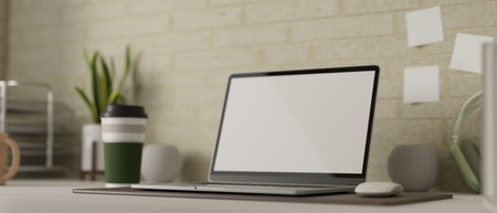 Simple workspace with laptop, supplies, tumbler and decorations on the table, 3D rendering, 3D illustrationの写真素材