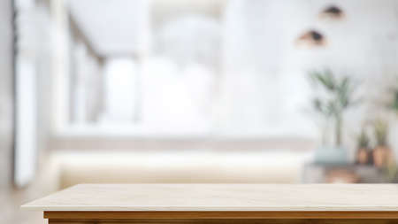 Copy space on marble table in blurred living room background, empty counterの写真素材