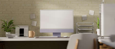 3D rendering, office desk with computer monitor, office supplies and decorations on the desk, 3D illustrationの写真素材