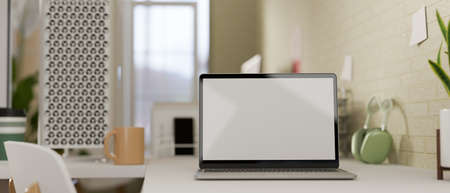 3D rendering, comfortable workspace with laptop, supplies and decorations in home office room, 3D illustrationの写真素材