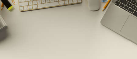 Top view, 3D rendering, flat lay workspace with laptop, computer keyboard, supplies and copy space, 3D illustrationの写真素材