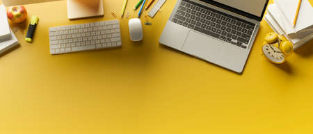 Top view, 3D rendering, stylish workspace with laptop, stationery, supplies and copy space on yellow...