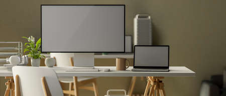 3D rendering, minimal office room with computer monitor, laptop, supplies and decorations on the desk, 3D illustrationの写真素材