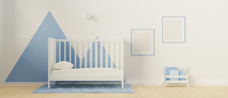 3D rendering, minimal kid bedroom with bed, book shelf, carpet, and mock-up frame on painted wall, 3D illustrationの写真素材