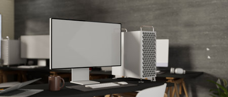 Side view of loft office room with computer desk, office supplies, chair and decorations, 3D rendering, 3D illustrationの写真素材