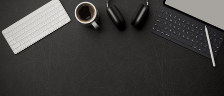 Top view, 3D rendering, flay lay workspace with computer keyboard, tablet, headphone, coffee mug and copy space on black table, 3D illustrationの写真素材