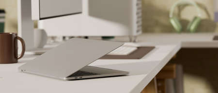 3D rendering, comfortable workspace with laptop and mug on computer desk in home office room, 3D illustrationの写真素材