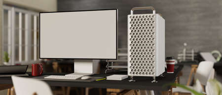 3D rendering, computer desk with office supplies, chair and decorations in trendy office room, 3D illustrationの写真素材
