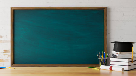 3D rendering, education concept, study table with stationery, books, graduation cap and copy space on wooden table with chalkboard on the wall, 3D illustrationの写真素材