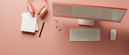 Pink pastel creative workspace with computer device, stationery and headphone, 3D rendering, 3D illustration, top viewの写真素材