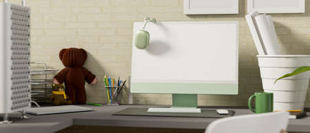 3D rendering, home office with computer desk, stationery, decorations and teddy doll on the desk, 3D illustrationの写真素材