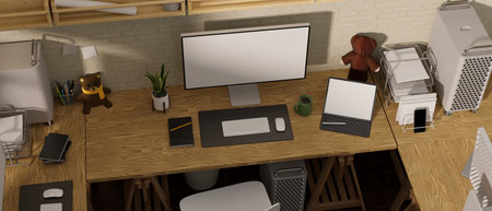 3D rendering, office workspace with computer devices with mock up screen, office supplies and decoration on wooden table, 3D illustrationの写真素材