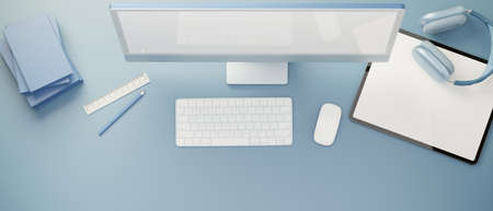 3D rendering, creative flat lay of workspace with computer, digital tablet, accessories and stationery on blue background, 3D illustrationの写真素材